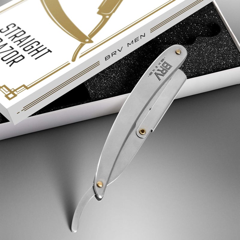 BRV MEN Professional Straight Edge Barber Razor w/ 100 Single Edge Razor Blades | Straight Razors for Men | Barbershop Accessories | Mens Shaving Knife & Shavette - Silver - Image 2